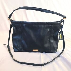 Black Leather Shoulder/Crossbody Bag, Gold Hardware, Slim Profile Bag